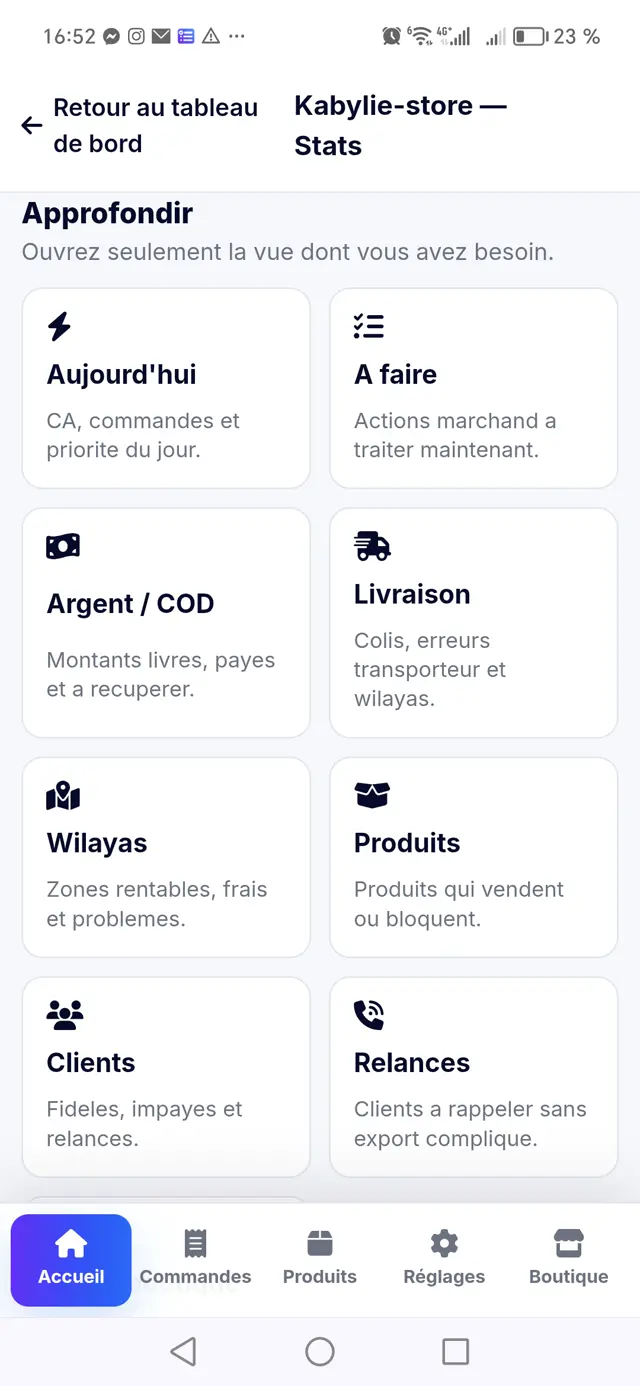 Vues d'analyse Klyqi : argent, livraison, wilayas, clients, relances