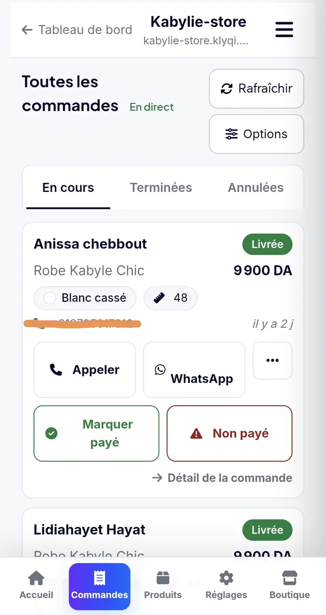 Commandes en direct Klyqi avec boutons Appeler, WhatsApp et Marquer payé
