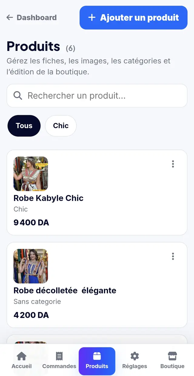 Catalogue produits Klyqi : robes kabyles avec prix en dinars