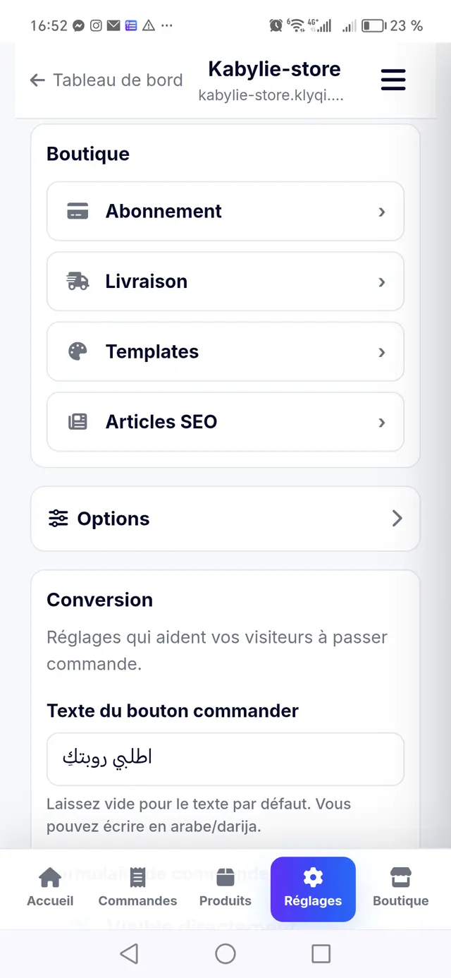 Réglages boutique Klyqi : abonnement, livraison, templates, articles SEO