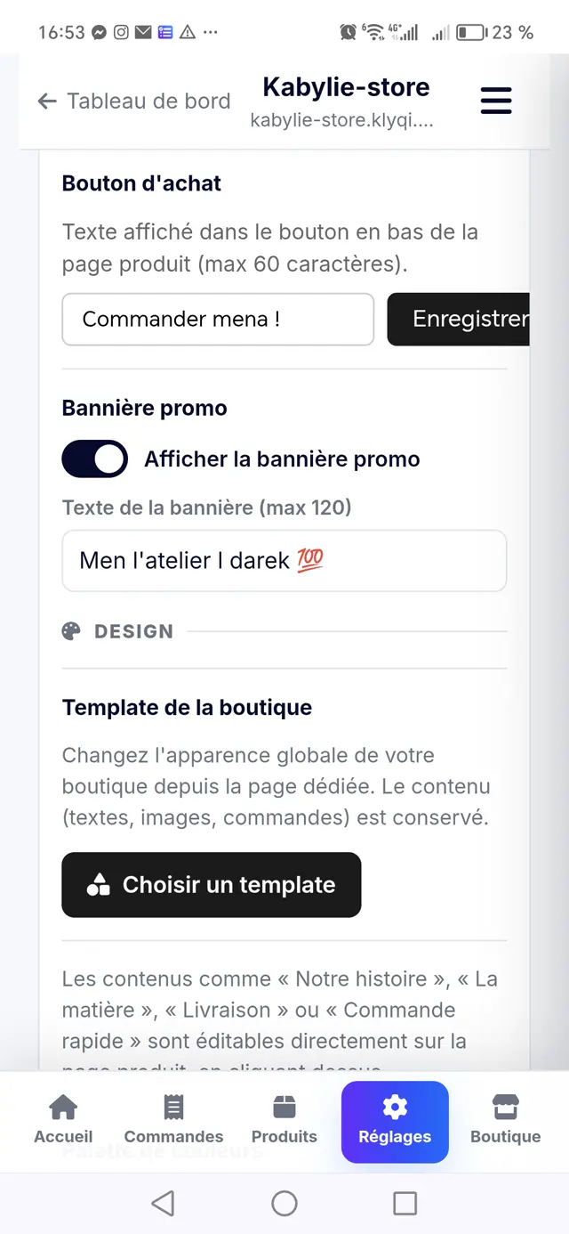 Design de la boutique Klyqi : bouton d'achat, bannière promo, template