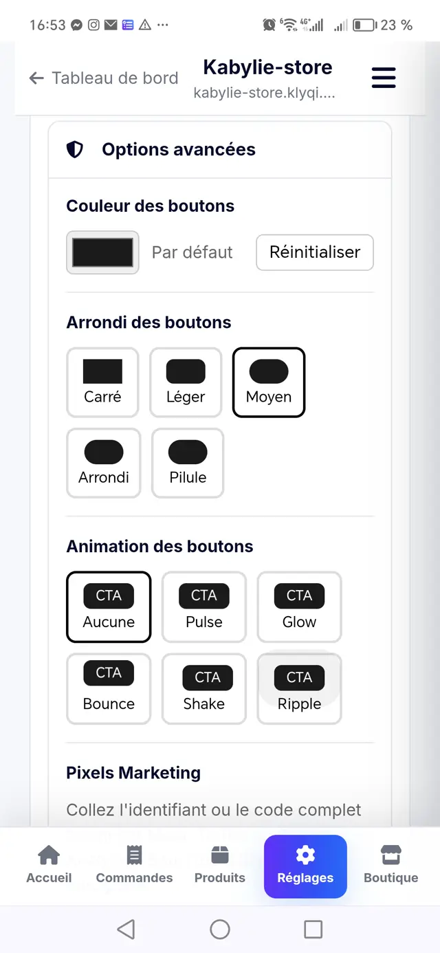 Options avancées Klyqi : couleur, arrondi et animation des boutons