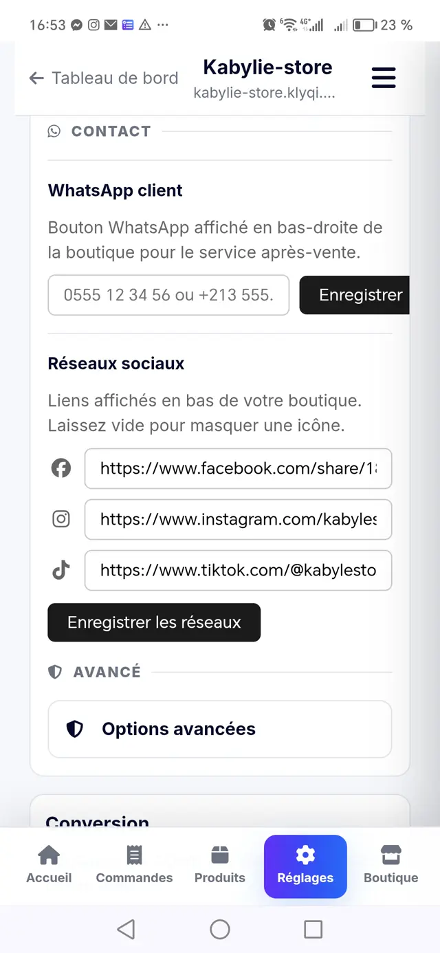 Contact et réseaux sociaux de la boutique Klyqi : WhatsApp, Facebook, Instagram, TikTok